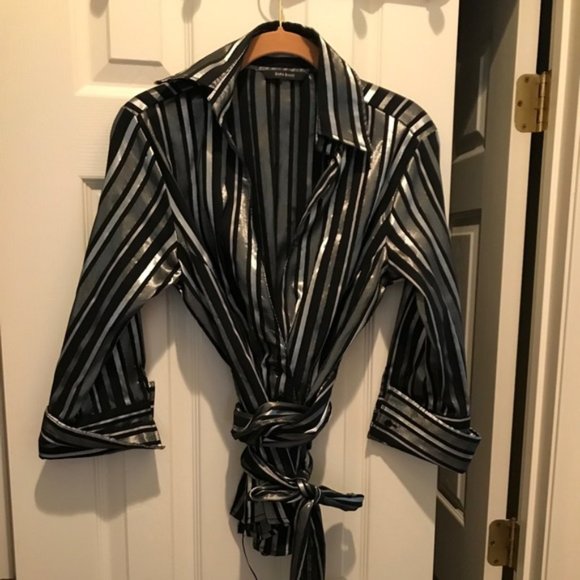 Silver and black stripe top with tie waist - Picture 3 of 6